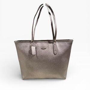 Coach Metallic Gunmetal Crossgrain Leather City Zip Tote